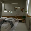 Modern Hotel Guest Room With Cozy Bed Pillows Blanket Side Table Plants And Hanging Decor