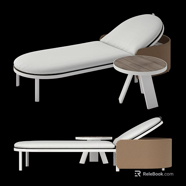 Modern Chaise Lounge With White Cushion And Wooden Side Table Rattan Frame Design 3d model 