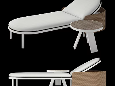 Modern Chaise Lounge With White Cushion And Wooden Side Table Rattan Frame Design 3d model