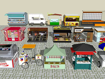 Colorful Street Food Stalls And Mobile Carts In Outdoor Market Setting 3d model