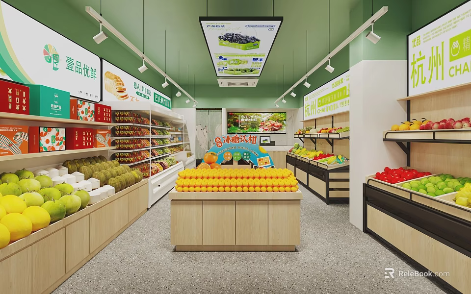 Fresh Fruit Store Interior With Colorful Fruit Displays On Shelves And Central Counter 3d model 