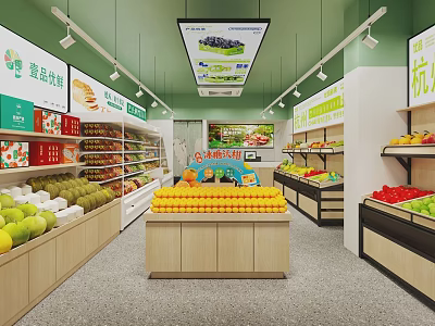 Fresh Fruit Store Interior With Colorful Fruit Displays On Shelves And Central Counter 3d model