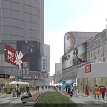 Modern Urban Commercial Street With Glass Facades Shops Billboards Pedestrians And Greenery