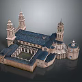 Classical Style Architectural Structure Featuring Towers Blue Roof Central Courtyard And Dome
