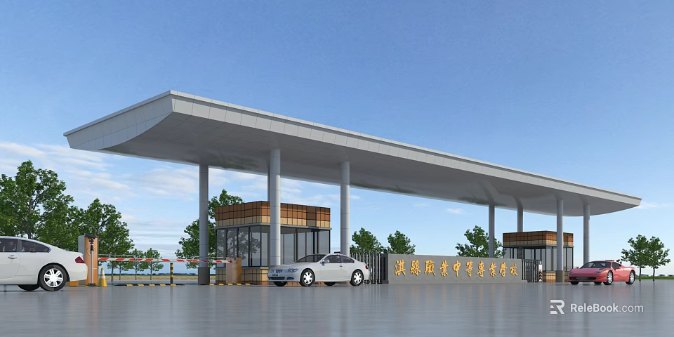 Modern College Entrance Gate With Canopy Structure Guard Booths And Car Parked In Front 3d model 