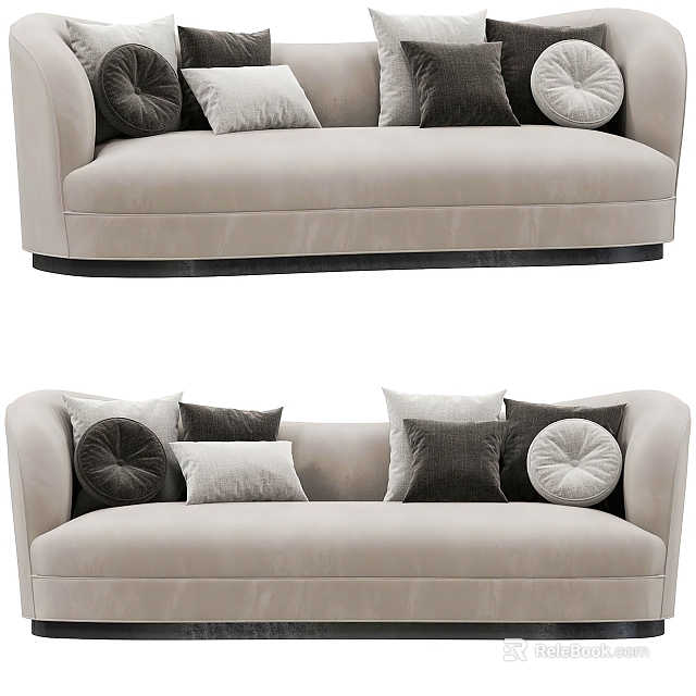 Elegant Beige Velvet Two Seater Sofa With Curved Armrest And Grey White Pillows 3d model 