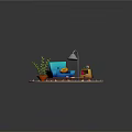 Cartoon Scene With Blue Sofa Yellow Cushion White Floor Lamp And Brown Coffee Table