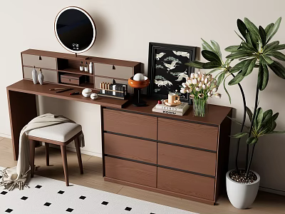 Brown Wooden Dressing Table With Round Mirror Cosmetics Padded Stool White Flowers And Green Plant 3d model