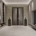 Elegant Modern Elevator Lobby With Textured Doors Marble Floor Decorative Plants And Ambient Lighting