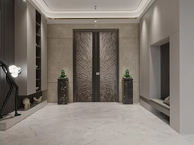 Elegant Modern Elevator Lobby With Textured Doors Marble Floor Decorative Plants And Ambient Lighting 3d model