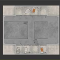 Cartoon Scene of Two Story Structure with Iron Railings Staircases Concrete Floor and Iron Doors