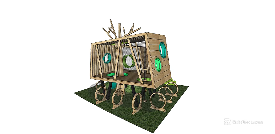 Wooden Playground Structure With Branch Decor Green Circular Windows And Climbing Rings 3d model 