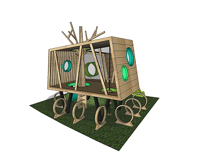 Wooden Playground Structure With Branch Decor Green Circular Windows And Climbing Rings 3d model