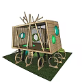 Wooden Playground Structure With Branch Decor Green Circular Windows And Climbing Rings