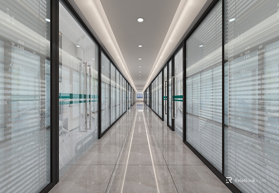 Modern Office Corridor Design With Glass Partitions Spacious Layout And Sleek Flooring 3d model 