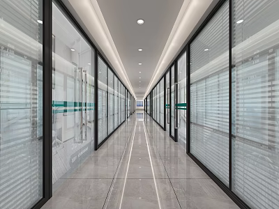 Modern Office Corridor Design With Glass Partitions Spacious Layout And Sleek Flooring 3d model
