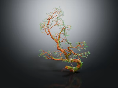 Unique Shaped Tree With Orange And Green Trunk Curved Branches Green Leaves Dark Background Reflection 3d model