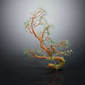 Unique Shaped Tree With Orange And Green Trunk Curved Branches Green Leaves Dark Background Reflection