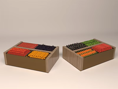 Wooden Storage Boxes With Multiple Compartments Holding Various Colored Fresh Vegetables 3d model