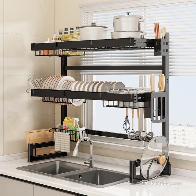Space Saving Black Bathroom Cabinet Rack With Wall Mounted Multi Tiered Storage Shelf Over Sink 3d model 