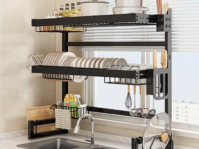 Space Saving Black Bathroom Cabinet Rack With Wall Mounted Multi Tiered Storage Shelf Over Sink 3d model