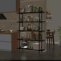 Multi Tier Wooden Black Metal Kitchen Shelf with Jars Bowls Plants and Vegetables