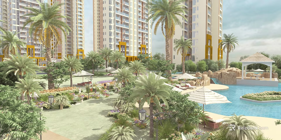 Garden Landscape Featuring High Rise Residential Buildings Palm Trees Swimming Pool Sun Umbrellas And Green Plants 3d model 