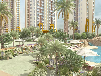 Garden Landscape Featuring High Rise Residential Buildings Palm Trees Swimming Pool Sun Umbrellas And Green Plants 3d model