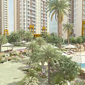 Garden Landscape Featuring High Rise Residential Buildings Palm Trees Swimming Pool Sun Umbrellas And Green Plants