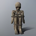 Bound Emaciated Humanoid Character Sitting With Hands Near Mouth In Restrained Posture