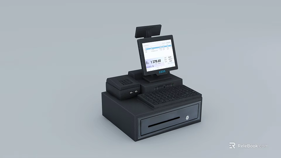 Commercial Cash Register Equipment With Display Screen Keyboard And Cash Drawer 3d model 