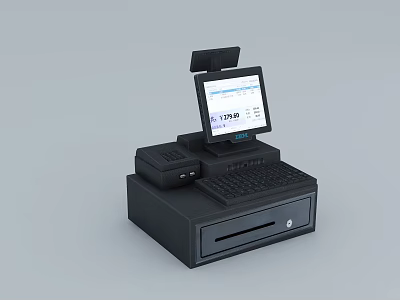 Commercial Cash Register Equipment With Display Screen Keyboard And Cash Drawer 3d model