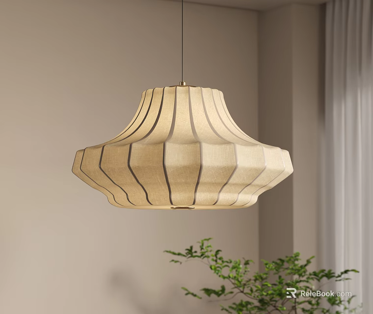 Beige Fabric Umbrella Shaped Pendant Light With Striped Design And Green Plant 3d model 
