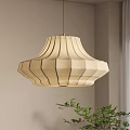 Beige Fabric Umbrella Shaped Pendant Light With Striped Design And Green Plant