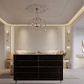 Elegant Modern Bedroom Interior With Decorative Ceiling Chandelier Paneled Wall And Wooden Flooring