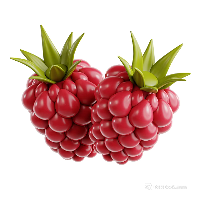 Heart Shaped Red Raspberries With Fresh Green Leaves On White Background 3d model 