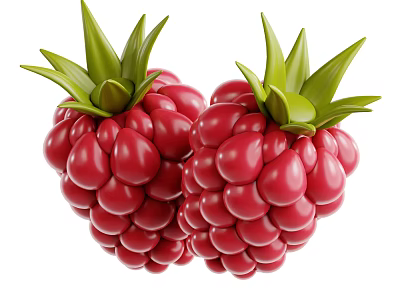 Heart Shaped Red Raspberries With Fresh Green Leaves On White Background 3d model