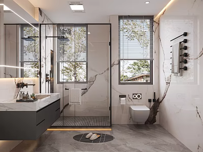 Modern Bathroom Interior Design Featuring Marble Walls Glass Shower Double Sink and Large Windows 3d model