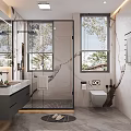 Modern Bathroom Interior Design Featuring Marble Walls Glass Shower Double Sink and Large Windows