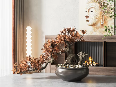 Pine Bonsai Plant In Ceramic Pot With Decorative Stones And Fireplace Interior Decor 3d model