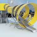 Outdoor Playground Equipment With Yellow Spiral Slides And Metal Mesh Structure