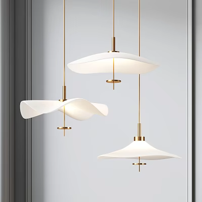 Modern Interior Design With Three Chandeliers White Shades And Gold Metal 3d model