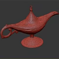 Antique Ornate Oil Lamp With Intricate Brass Carvings And Red Enamel Details