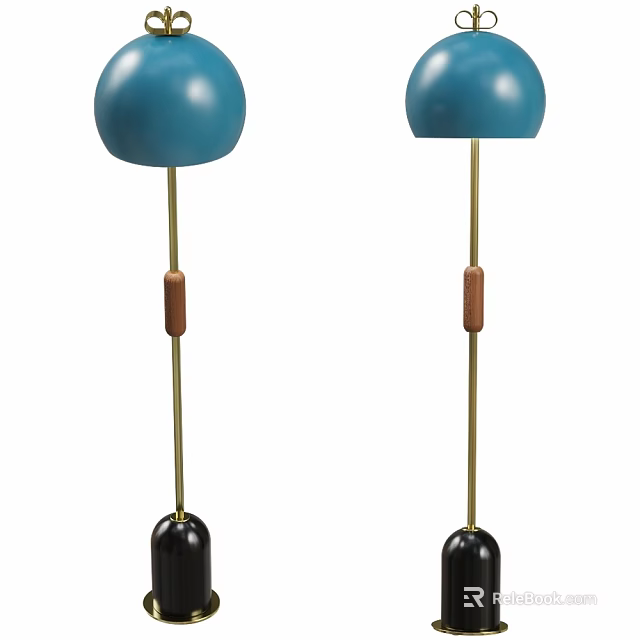 Stylish Two Floor Lamps With Blue Shades Golden Stands And Wooden Accents 3d model 