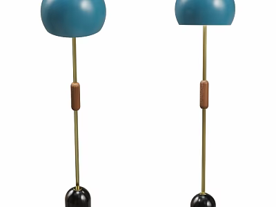 Stylish Two Floor Lamps With Blue Shades Golden Stands And Wooden Accents 3d model