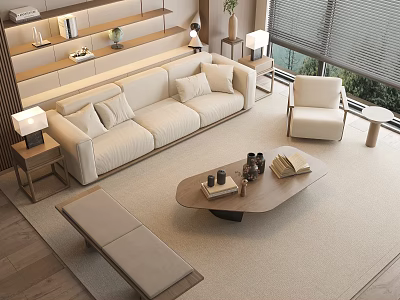 Modern Warm Sofa Coffee Table Set With Plush Cushions Books Decor And Single Chair 3d model