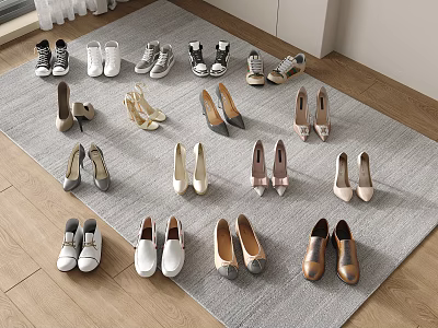 Diverse Women's Shoes Collection With Heels Flats Sneakers And Casual Styles On Gray Carpet 3d model