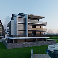 Modern Detached Villa Exterior With Large Glass Windows Balconies And Stone Wall Fence