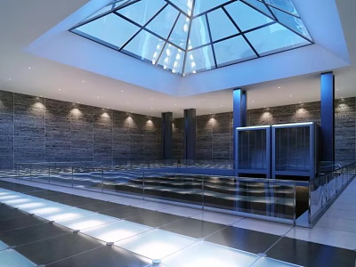 Modern Service Hall Interior With Glass Skylight Spacious Layout And Marble Walls 3d model