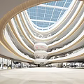 Spacious Modern Shopping Mall Lobby With Curved Ceiling Spherical Chandelier Glass Railings And Marble Floor